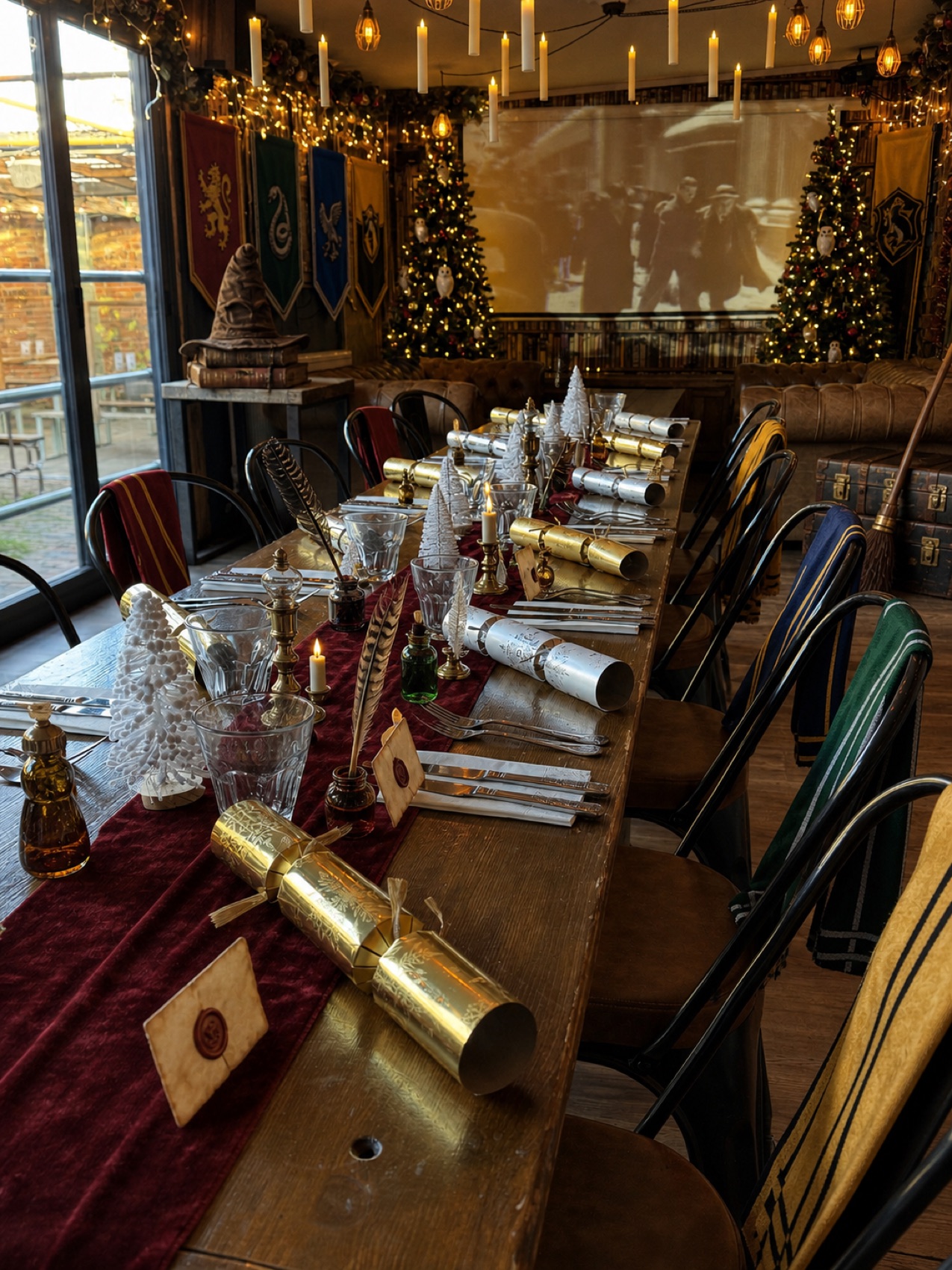 The Vintage Room dressed for Christmas 2026: a long table laid with crackers, candles and wax-sealed letters, house banners and scarves, floating candles overhead and a film playing on the big screen